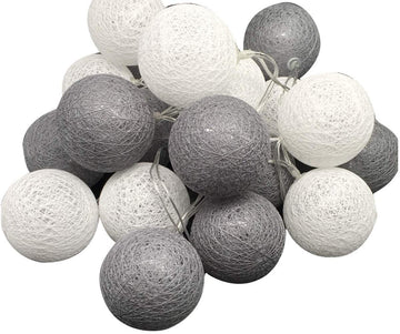 1 Set of 20 LED Grey White 5cm Cotton Ball Battery Powered String Lights Gift Home Wedding Party Bedroom Decoration Outdoor Indoor Table Centrepiece - RnR Galore