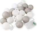 1 Set of 20 LED Grey White 5cm Cotton Ball Battery Powered String Lights Gift Home Wedding Party Bedroom Decoration Outdoor Indoor Table Centrepiece - RnR Galore