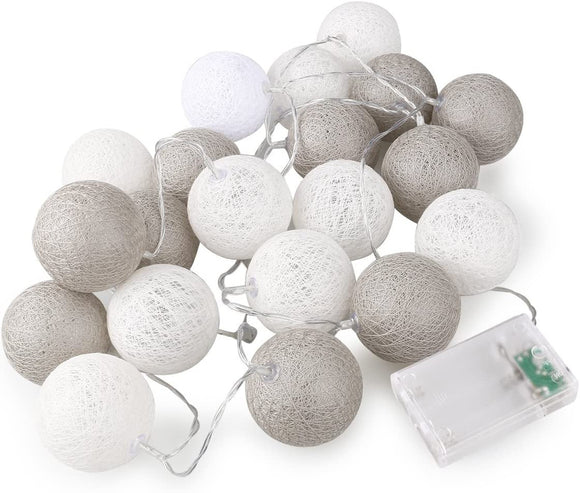 1 Set of 20 LED Grey White 5cm Cotton Ball Battery Powered String Lights Gift Home Wedding Party Bedroom Decoration Outdoor Indoor Table Centrepiece - RnR Galore