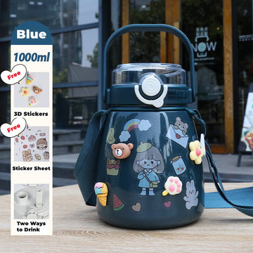 1000ml Large Water Bottle Stainless Steel Straw Water Jug with FREE Sticker Packs (Blue) - RnR Galore