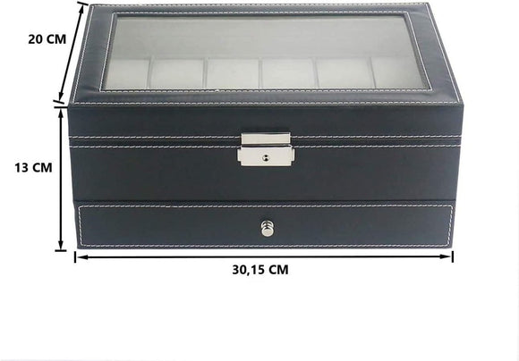 12 Slot PU Leather Lockable Watch and Jewelry Storage Boxes (Black) - RnR Galore