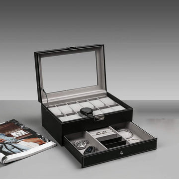 12 Slot PU Leather Lockable Watch and Jewelry Storage Boxes (Black) - RnR Galore