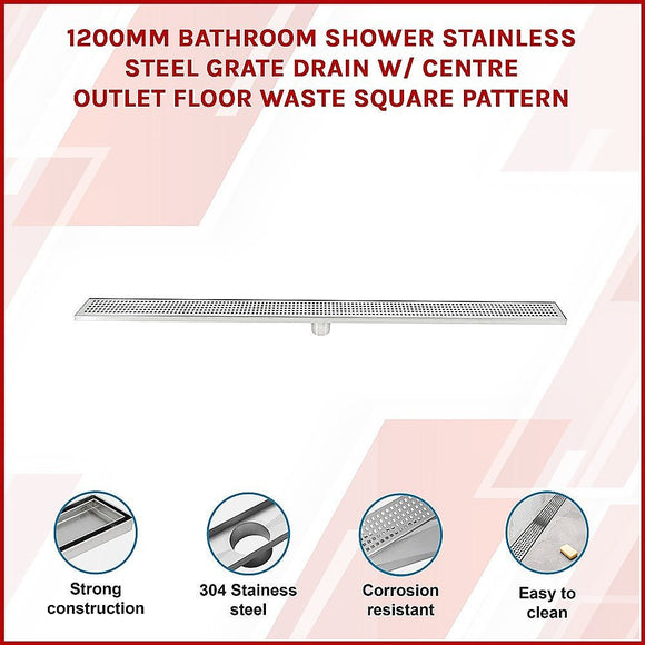 1200mm Bathroom Shower Stainless Steel Grate Drain w/Centre outlet Floor Waste Square Pattern - RnR Galore