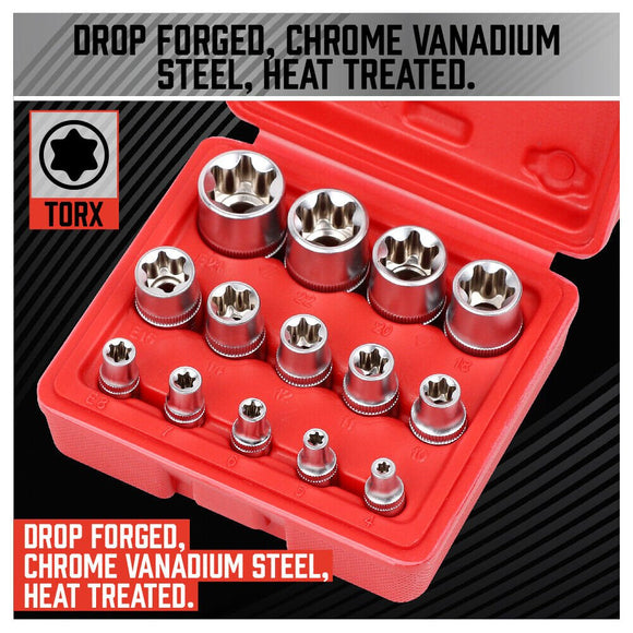 14Pc E Torx Socket Set Female Start Bit External Hex Torque E4 - E24 With Case - RnR Galore