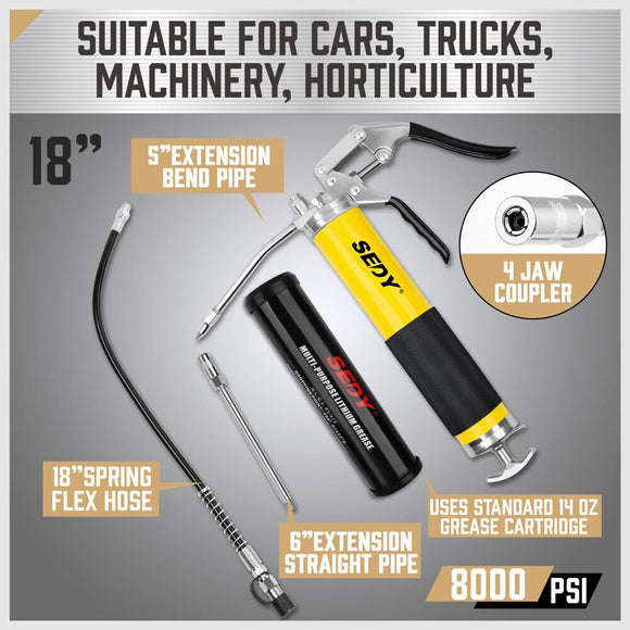 18inch Grease Gun 8000PSI Pistol Grip Flex Hose Heavy Duty Barrel With Cartridge - RnR Galore