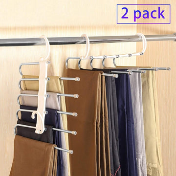 2 Pack Adjustable Multi - Layer 5 in 1 Pants Hanger for Wardrobe and Home Storage (White) - RnR Galore