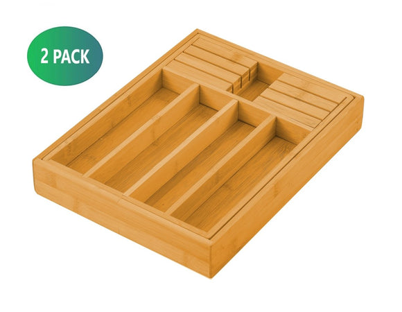 2 Pack Large Capacity Bamboo Expandable Drawer Organizer with Knife Block Holder for Home Kitchen Utensils - RnR Galore