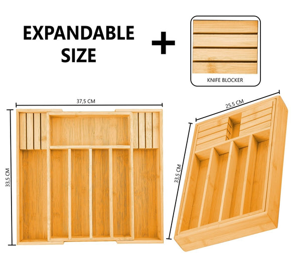 2 Pack Large Capacity Bamboo Expandable Drawer Organizer with Knife Block Holder for Home Kitchen Utensils - RnR Galore