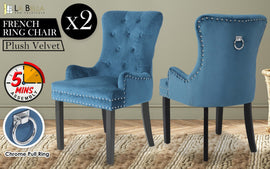 2X French Provincial Dining Chair Ring Studded Velvet Rubberwood Leg LISSE NAVY BLUE - RnR Galore