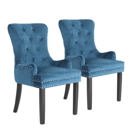 2X French Provincial Dining Chair Ring Studded Velvet Rubberwood Leg LISSE NAVY BLUE - RnR Galore