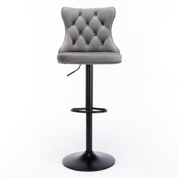 2x Height Adjustable Swivel Bar Stool Velvet Nailhead Barstool with Footrest - RnR Galore