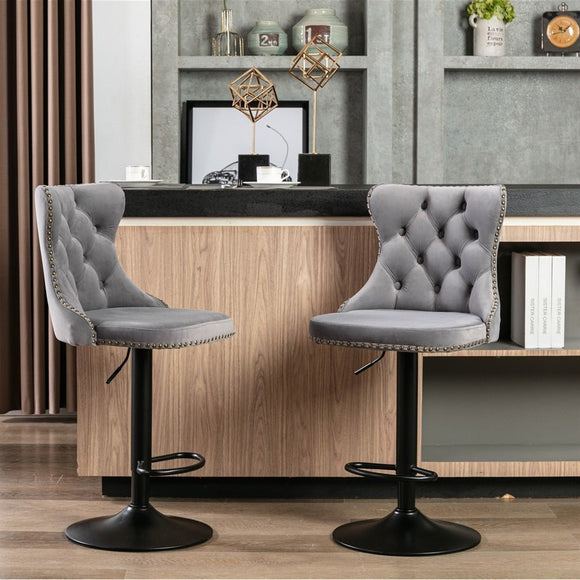 2x Height Adjustable Swivel Bar Stool Velvet Nailhead Barstool with Footrest - RnR Galore