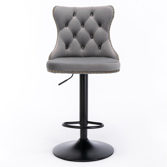 2x Height Adjustable Swivel Bar Stool Velvet Nailhead Barstool with Footrest - RnR Galore