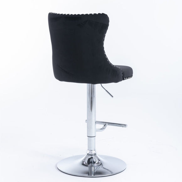 2x Height Adjustable Swivel Bar Stool Velvet Studs Barstool with Footrest and Chromed Base - Black - RnR Galore