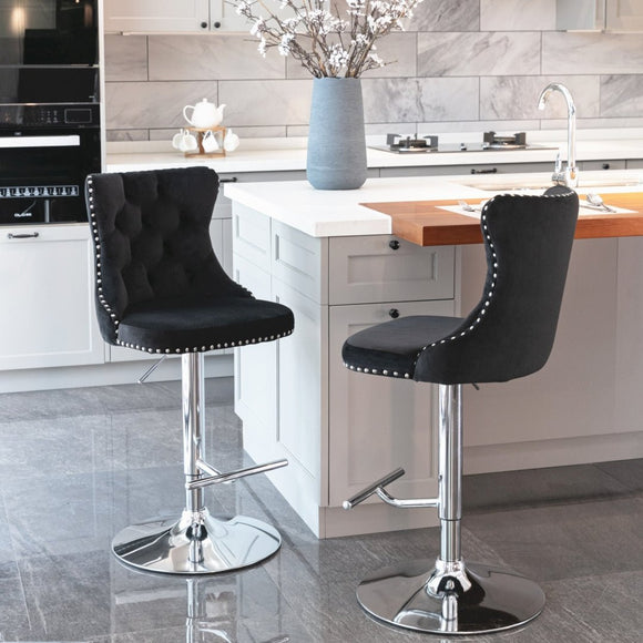 2x Height Adjustable Swivel Bar Stool Velvet Studs Barstool with Footrest and Chromed Base - Black - RnR Galore
