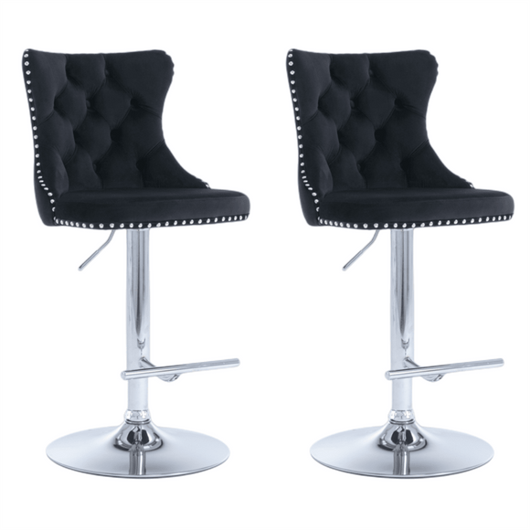 2x Height Adjustable Swivel Bar Stool Velvet Studs Barstool with Footrest and Chromed Base - Black - RnR Galore