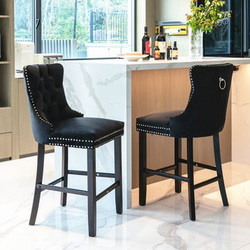 2X Velvet Bar Stools with Studs Trim Wooden Legs Tufted Dining Chairs Kitchen - RnR Galore