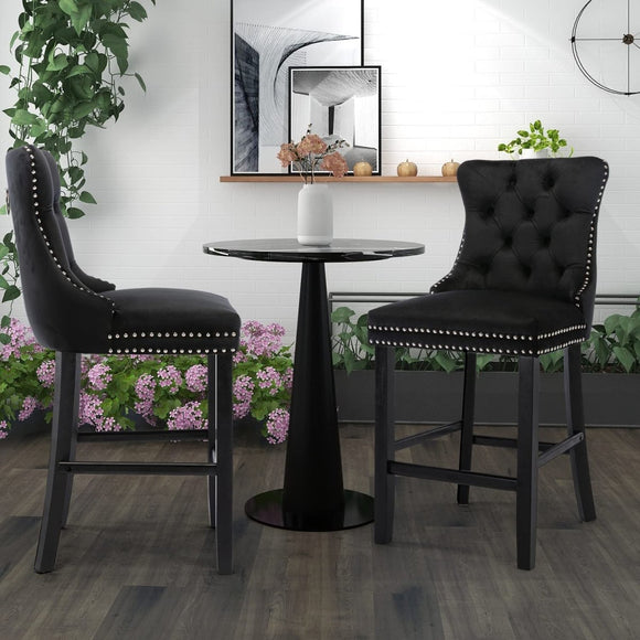 2X Velvet Bar Stools with Studs Trim Wooden Legs Tufted Dining Chairs Kitchen - RnR Galore