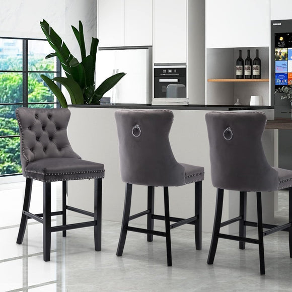 2X Velvet Bar Stools with Studs Trim Wooden Legs Tufted Dining Chairs Kitchen - RnR Galore