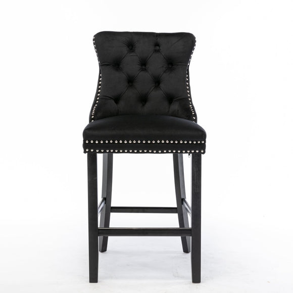 2X Velvet Bar Stools with Studs Trim Wooden Legs Tufted Dining Chairs Kitchen - RnR Galore