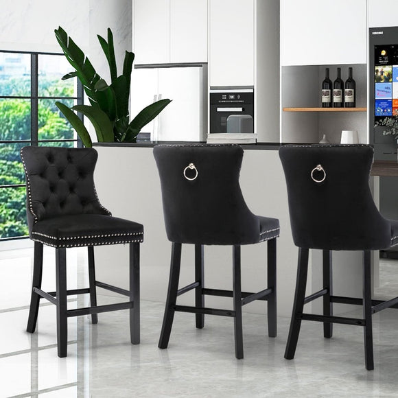 2X Velvet Bar Stools with Studs Trim Wooden Legs Tufted Dining Chairs Kitchen - RnR Galore