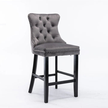 2X Velvet Bar Stools with Studs Trim Wooden Legs Tufted Dining Chairs Kitchen - RnR Galore
