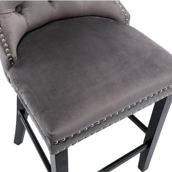 2X Velvet Bar Stools with Studs Trim Wooden Legs Tufted Dining Chairs Kitchen - RnR Galore