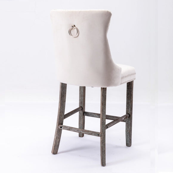 2X Velvet Bar Stools with Studs Trim Wooden Legs Tufted Dining Chairs Kitchen - RnR Galore