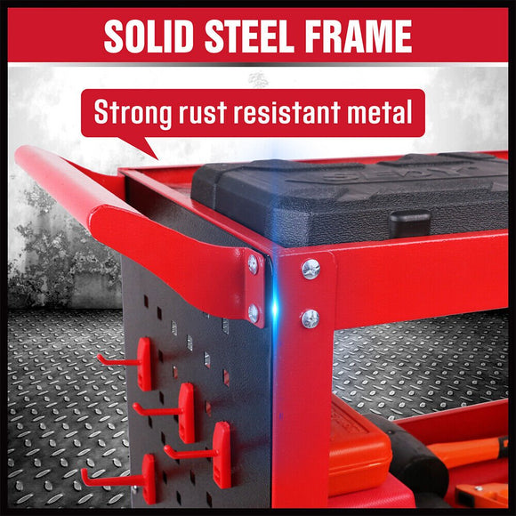 3 - Tier Heavy Duty Steel Tool Trolley - Workshop Cart with Pegboard, Hooks and Locking Swivel Casters - RnR Galore