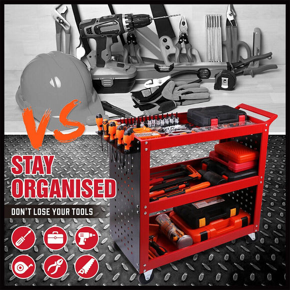 3 - Tier Heavy Duty Steel Tool Trolley - Workshop Cart with Pegboard, Hooks and Locking Swivel Casters - RnR Galore