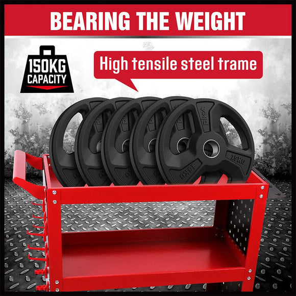 3 - Tier Heavy Duty Steel Tool Trolley - Workshop Cart with Pegboard, Hooks and Locking Swivel Casters - RnR Galore