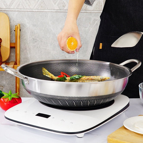 304 Stainless Steel 34cm Non - Stick Stir Fry Cooking Double Ear Kitchen Wok Pan with Lid Honeycomb Double Sided - RnR Galore
