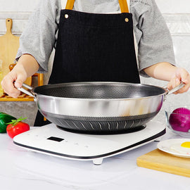 304 Stainless Steel 34cm Non - Stick Stir Fry Cooking Double Ear Kitchen Wok Pan with Lid Honeycomb Double Sided - RnR Galore