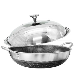 304 Stainless Steel 34cm Non - Stick Stir Fry Cooking Double Ear Kitchen Wok Pan with Lid Honeycomb Double Sided - RnR Galore