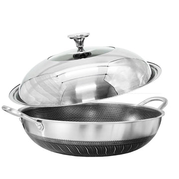 304 Stainless Steel 34cm Non - Stick Stir Fry Cooking Double Ear Kitchen Wok Pan with Lid Honeycomb Double Sided - RnR Galore