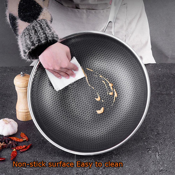 32cm 304 Stainless Steel Non - Stick Stir Fry Cooking Kitchen Honeycomb Wok Pan with Lid - RnR Galore