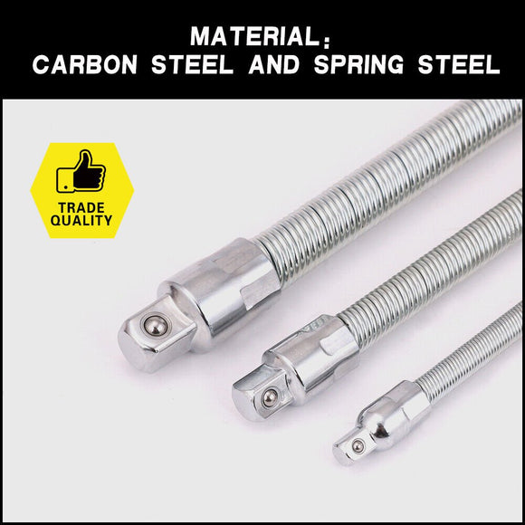 3PC Flexible Socket Extension Bars Shaft Set 1/2" 1/4" 3/8" Drive 10" 8" 6" Long - RnR Galore