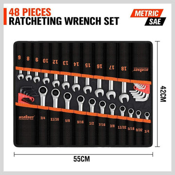48 - Piece Ratchet Wrench Set with Rolling Pouch - Metric SAE Allen Key & Hex Key Spanner Kit - RnR Galore