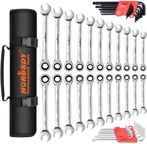 48 - Piece Ratchet Wrench Set with Rolling Pouch - Metric SAE Allen Key & Hex Key Spanner Kit - RnR Galore