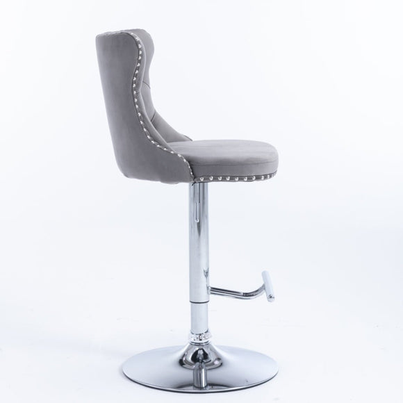 4x Height Adjustable Swivel Bar Stool Velvet Stud Barstool with Footrest and Chromed Base - Gray - RnR Galore