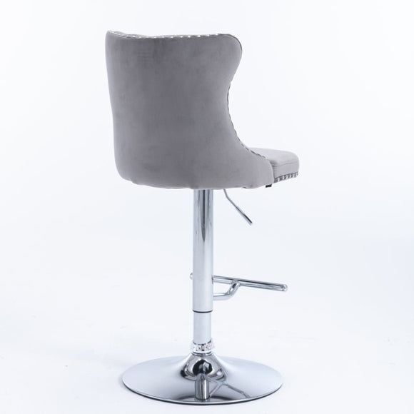 4x Height Adjustable Swivel Bar Stool Velvet Stud Barstool with Footrest and Chromed Base - Gray - RnR Galore
