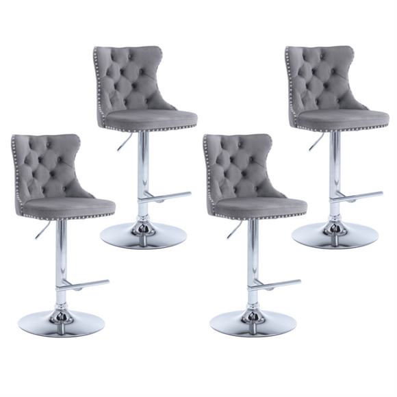 4x Height Adjustable Swivel Bar Stool Velvet Stud Barstool with Footrest and Chromed Base - Gray - RnR Galore