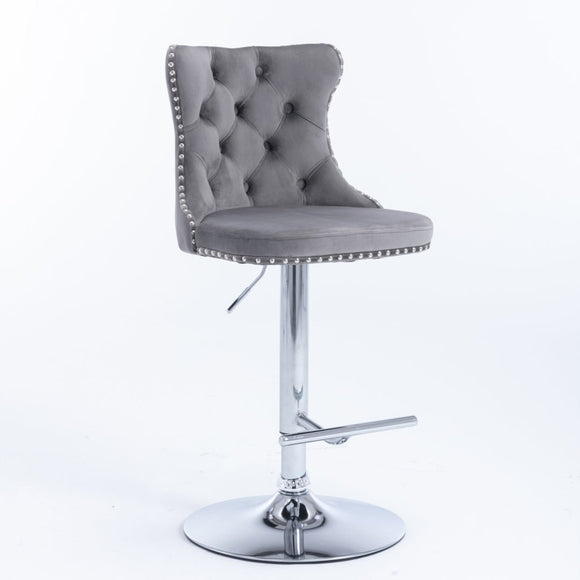 4x Height Adjustable Swivel Bar Stool Velvet Stud Barstool with Footrest and Chromed Base - Gray - RnR Galore