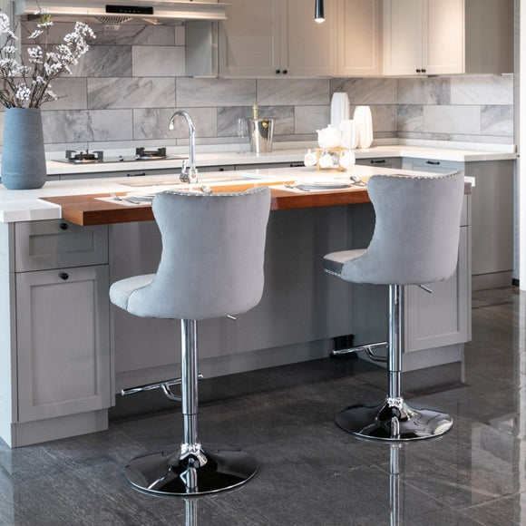 4x Height Adjustable Swivel Bar Stool Velvet Stud Barstool with Footrest and Chromed Base - Gray - RnR Galore