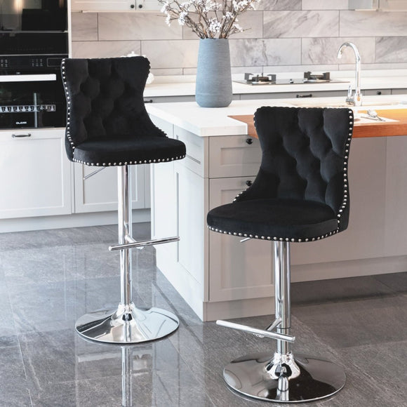 4x Height Adjustable Swivel Bar Stool Velvet Studs Barstool with Footrest and Chromed Base - Black - RnR Galore