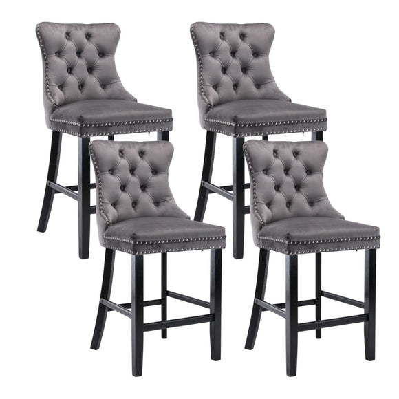 4X Velvet Bar Stools with Studs Trim Wooden Legs Tufted Dining Chairs Kitchen - RnR Galore