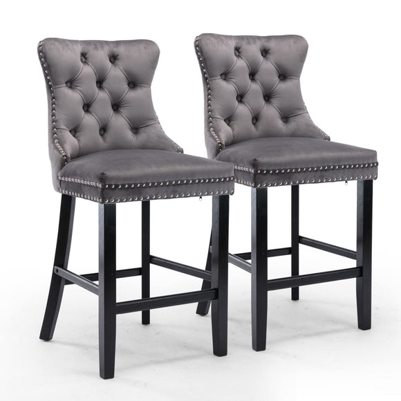 4X Velvet Bar Stools with Studs Trim Wooden Legs Tufted Dining Chairs Kitchen - RnR Galore