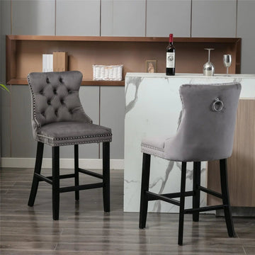 4X Velvet Bar Stools with Studs Trim Wooden Legs Tufted Dining Chairs Kitchen - RnR Galore