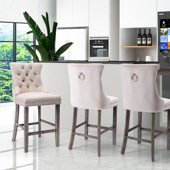 4X Velvet Bar Stools with Studs Trim Wooden Legs Tufted Dining Chairs Kitchen - RnR Galore