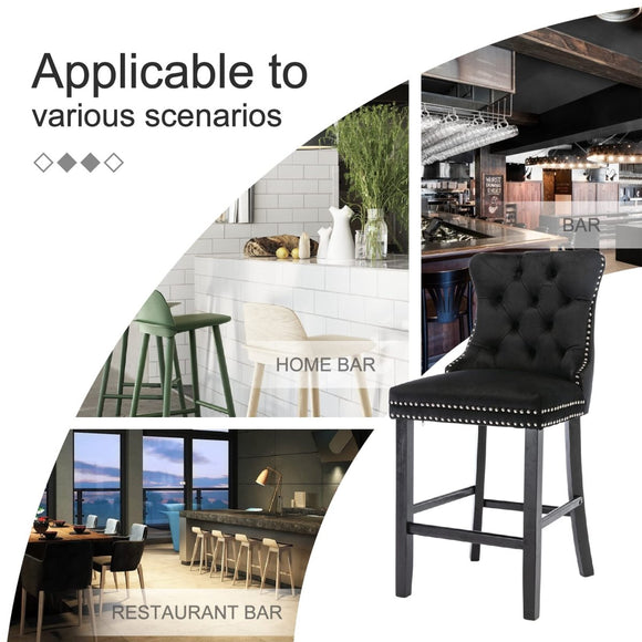 4X Velvet Bar Stools with Studs Trim Wooden Legs Tufted Dining Chairs Kitchen - RnR Galore